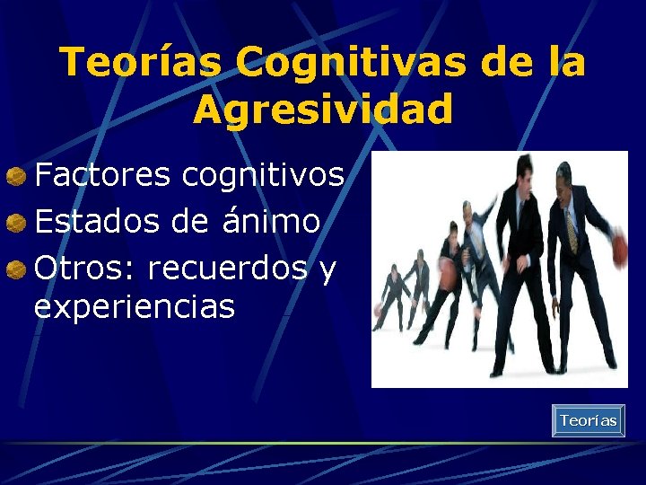 Teorías Cognitivas de la Agresividad Factores cognitivos Estados de ánimo Otros: recuerdos y experiencias