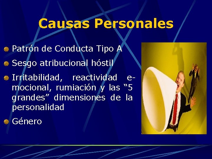 Causas Personales Patrón de Conducta Tipo A Sesgo atribucional hóstil Irritabilidad, reactividad emocional, rumiación