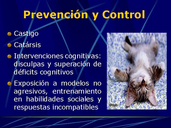 Prevención y Control Castigo Catársis Intervenciones cognitivas: disculpas y superación de déficits cognitivos Exposición