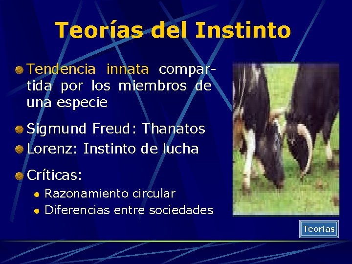 Teorías del Instinto Tendencia innata compartida por los miembros de una especie Sigmund Freud: