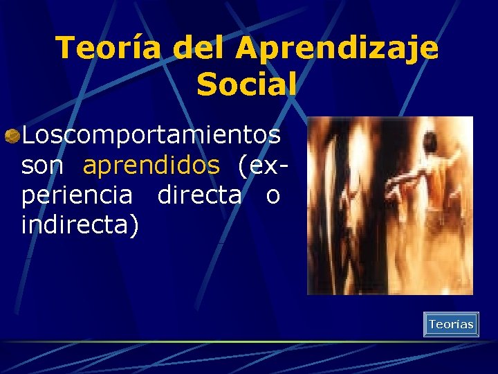 Teoría del Aprendizaje Social Loscomportamientos son aprendidos (experiencia directa o indirecta) Teorías 