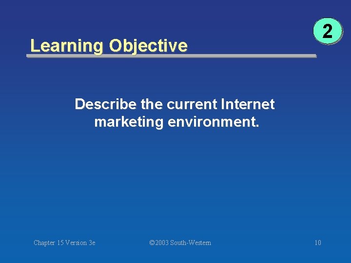 2 Learning Objective Describe the current Internet marketing environment. Chapter 15 Version 3 e