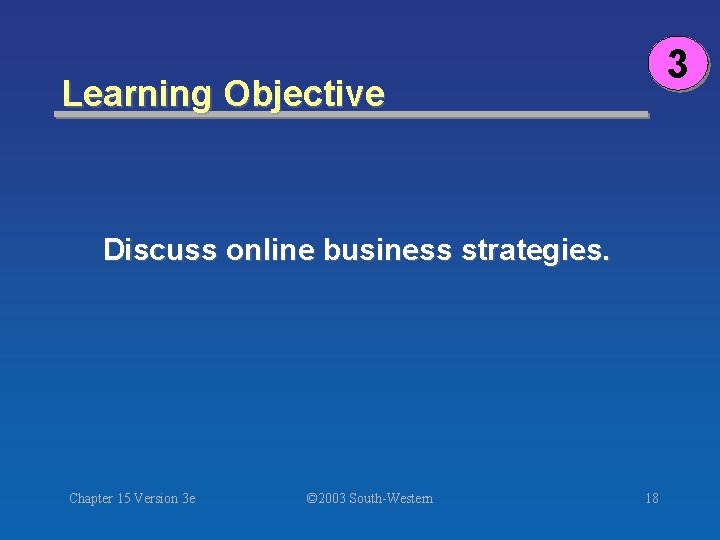 3 Learning Objective Discuss online business strategies. Chapter 15 Version 3 e © 2003