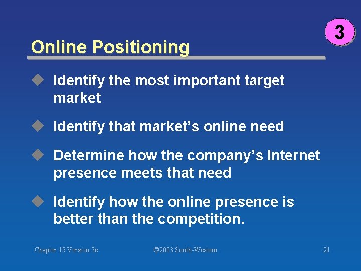3 Online Positioning u Identify the most important target market u Identify that market’s
