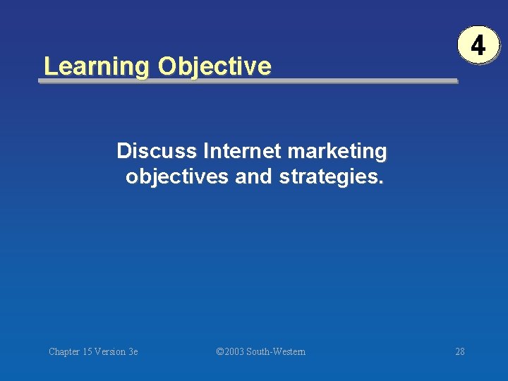 4 Learning Objective Discuss Internet marketing objectives and strategies. Chapter 15 Version 3 e