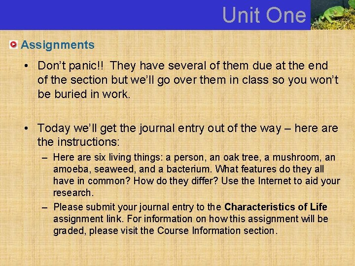 Unit One Assignments • Don’t panic!! They have several of them due at the