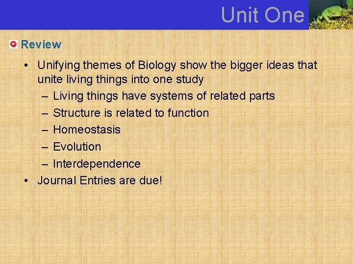 Unit One Review • Unifying themes of Biology show the bigger ideas that unite