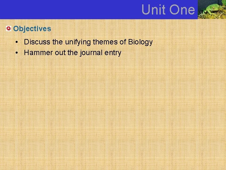 Unit One Objectives • Discuss the unifying themes of Biology • Hammer out the