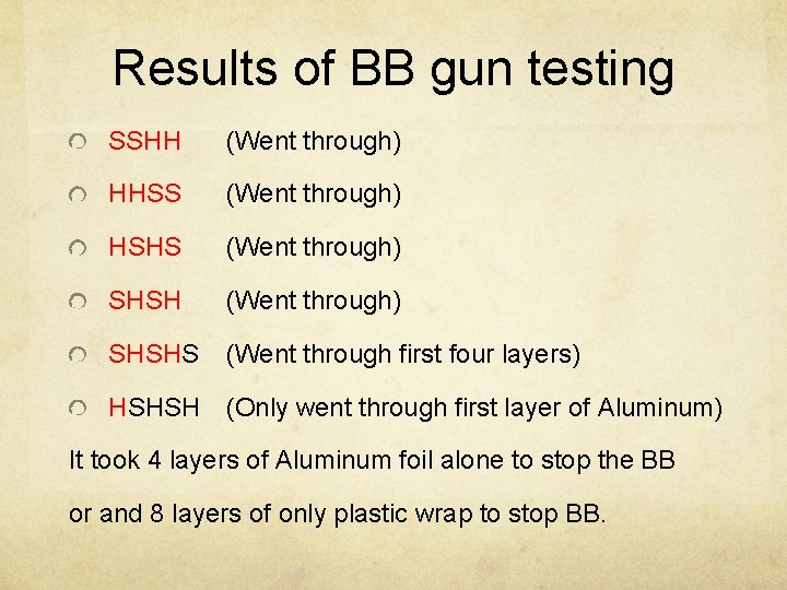 Results of BB gun testing SSHH (Went through) HHSS (Went through) HSHS (Went through)