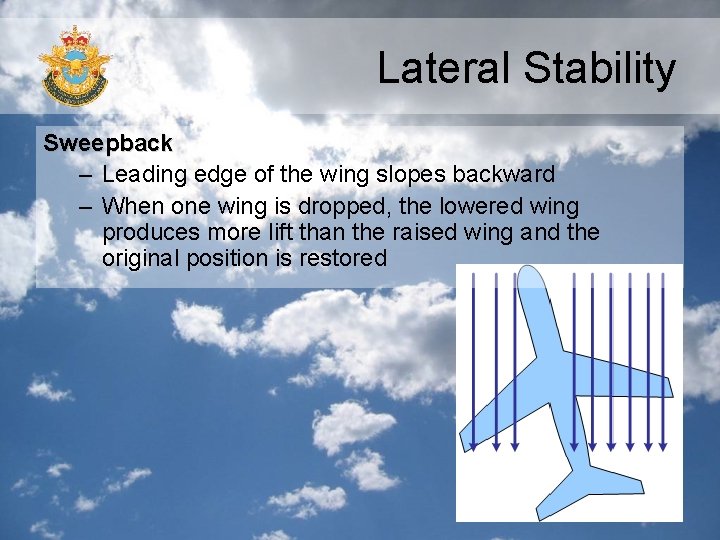 Lateral Stability Sweepback – Leading edge of the wing slopes backward – When one