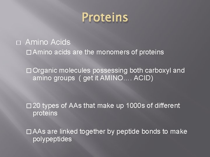 Proteins � Amino Acids � Amino acids are the monomers of proteins � Organic