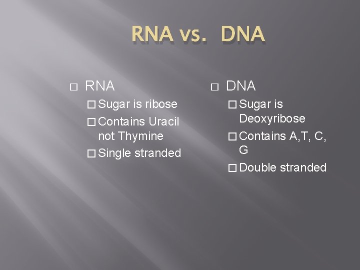 RNA vs. DNA � RNA � Sugar is ribose � Contains Uracil not Thymine