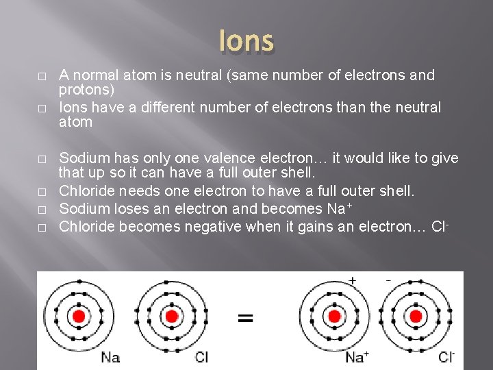 Ions � � � A normal atom is neutral (same number of electrons and