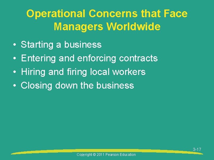 Operational Concerns that Face Managers Worldwide • • Starting a business Entering and enforcing