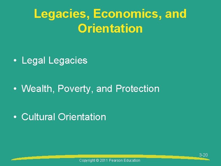 Legacies, Economics, and Orientation • Legal Legacies • Wealth, Poverty, and Protection • Cultural