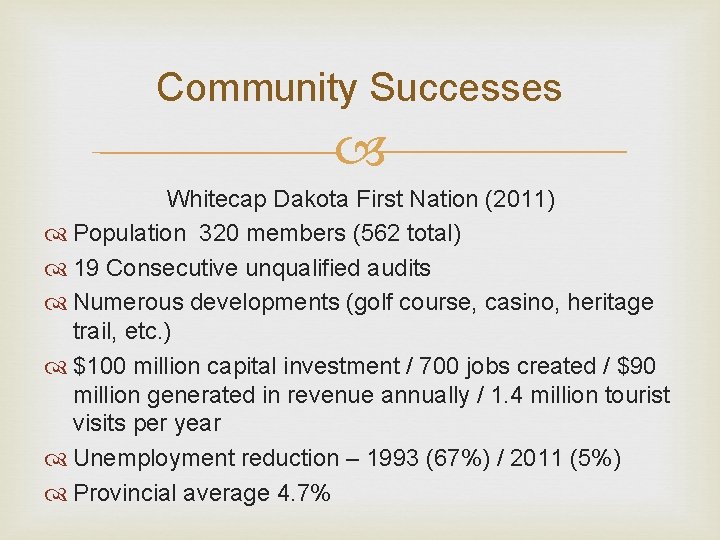 Community Successes Whitecap Dakota First Nation (2011) Population 320 members (562 total) 19 Consecutive