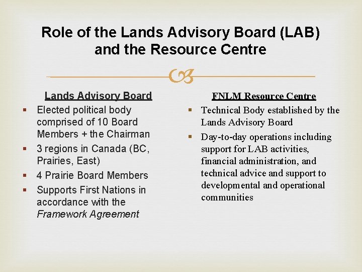 Role of the Lands Advisory Board (LAB) and the Resource Centre § § Lands
