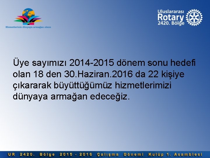 Üye sayımızı 2014 -2015 dönem sonu hedefi olan 18 den 30. Haziran. 2016 da