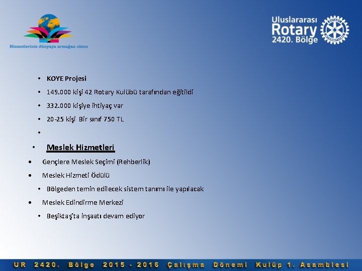  • KOYE Projesi • 149. 000 kişi 42 Rotary Kulübü tarafından eğitildi •