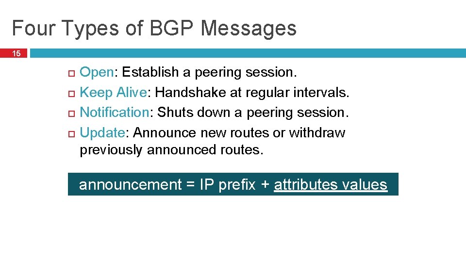 Four Types of BGP Messages 15 Open: Establish a peering session. Keep Alive: Handshake