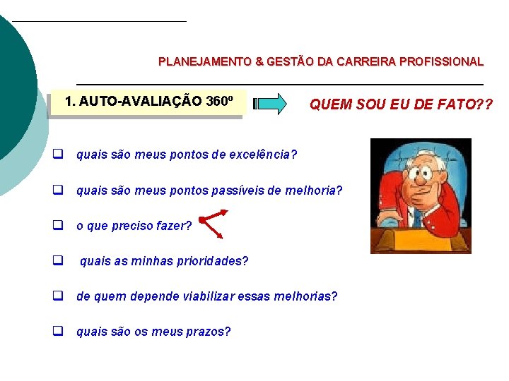 PLANEJAMENTO & GESTÃO DA CARREIRA PROFISSIONAL 1. AUTO-AVALIAÇÃO 360º QUEM SOU EU DE FATO?