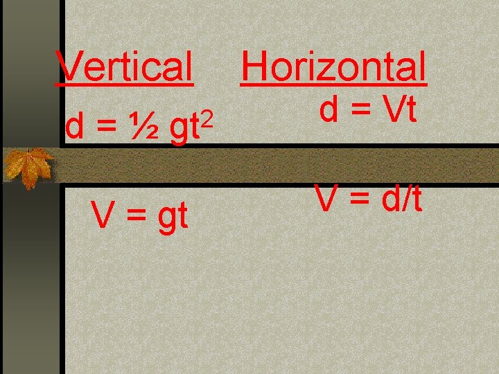 Vertical d=½ 2 gt V = gt Horizontal d = Vt V = d/t