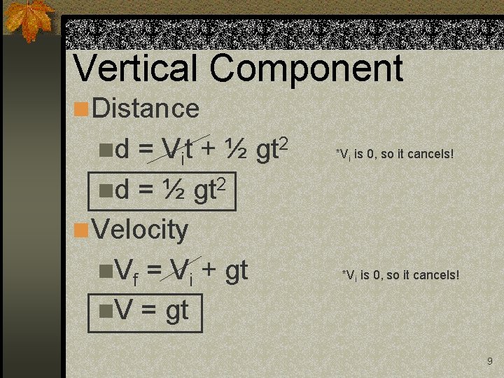 Vertical Component n Distance nd = Vit + ½ gt 2 nd = ½