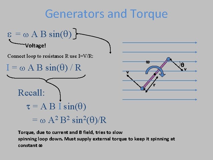 Generators and Torque e = A B sin(q) Voltage! Connect loop to resistance R