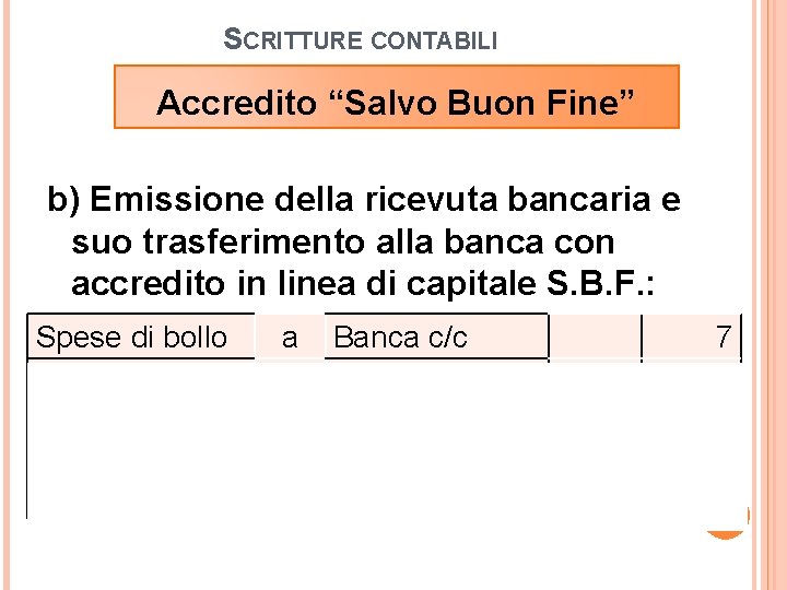 SCRITTURE CONTABILI Accredito “Salvo Buon Fine” b) Emissione della ricevuta bancaria e suo trasferimento