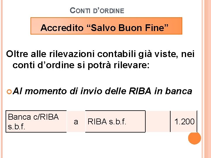 CONTI D’ORDINE Accredito “Salvo Buon Fine” Oltre alle rilevazioni contabili già viste, nei conti