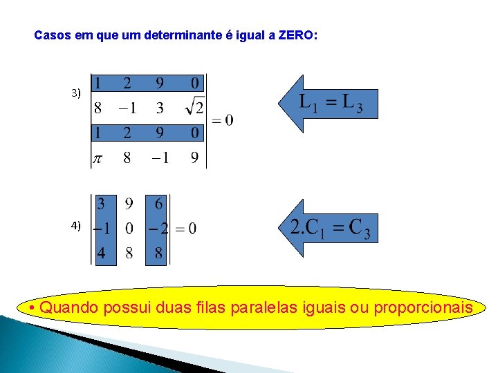 Casos em que um determinante é igual a ZERO: 3) 4) • Quando possui