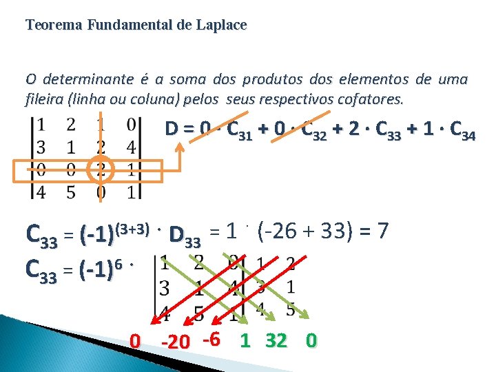 Teorema Fundamental de Laplace O determinante é a soma dos produtos dos elementos de