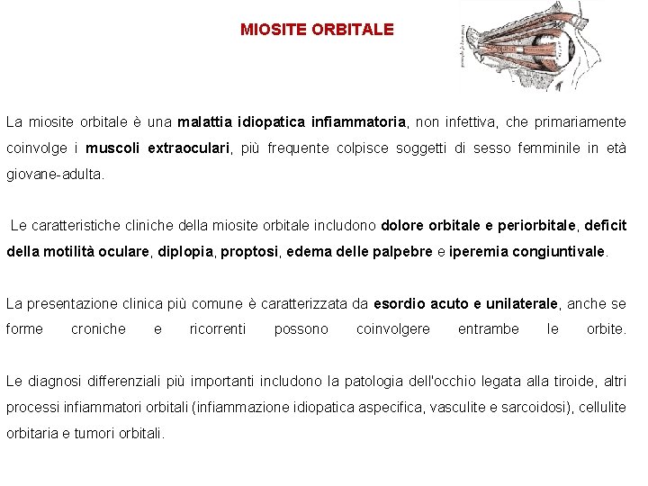 MIOSITE ORBITALE La miosite orbitale è una malattia idiopatica infiammatoria, non infettiva, che primariamente