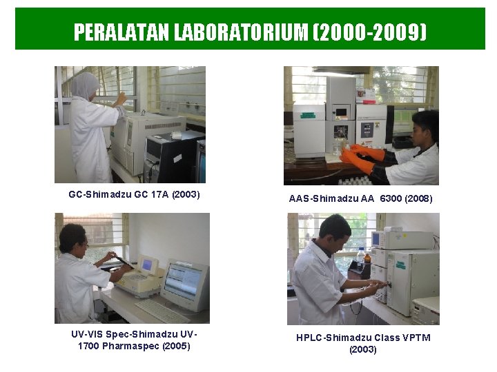 PERALATAN LABORATORIUM (2000 -2009) GC-Shimadzu GC 17 A (2003) AAS-Shimadzu AA 6300 (2008) UV-VIS