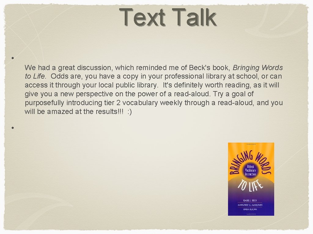 Text Talk • We had a great discussion, which reminded me of Beck's book,