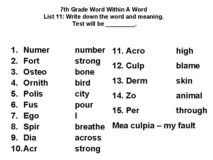 7 th Grade Word Within A Word List 11: Write down the word and