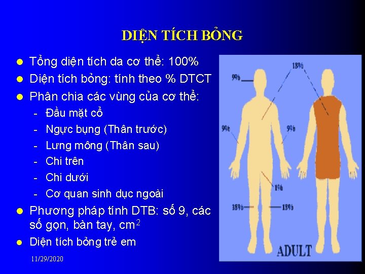 DIỆN TÍCH BỎNG Tổng diện tích da cơ thể: 100% l Diện tích bỏng: