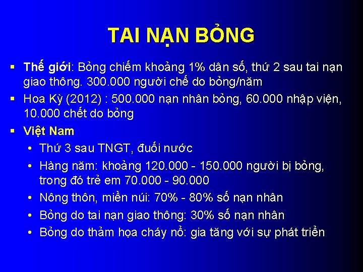 TAI NẠN BỎNG Thế giới: Bỏng chiếm khoảng 1% dân số, thứ 2 sau