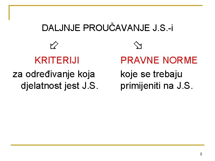 DALJNJE PROUČAVANJE J. S. -i KRITERIJI za određivanje koja djelatnost jest J. S. PRAVNE