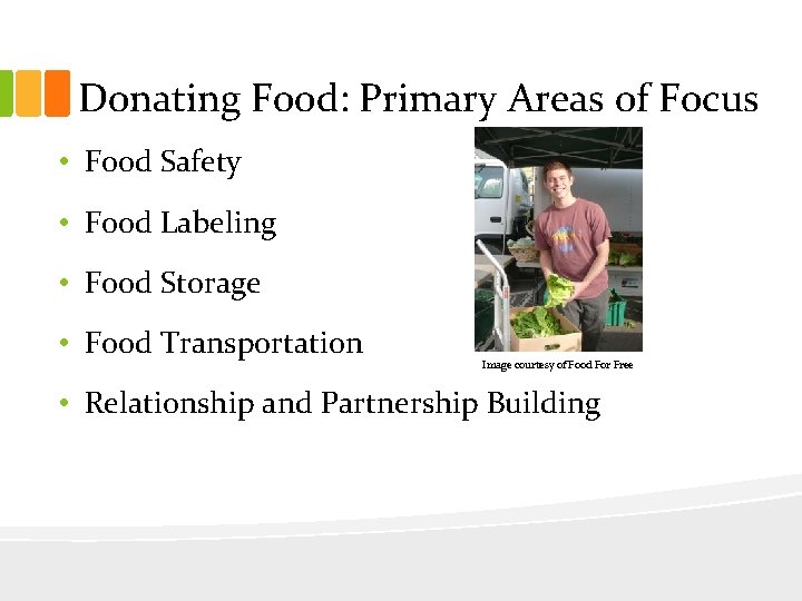 Donating Food: Primary Areas of Focus • Food Safety • Food Labeling • Food