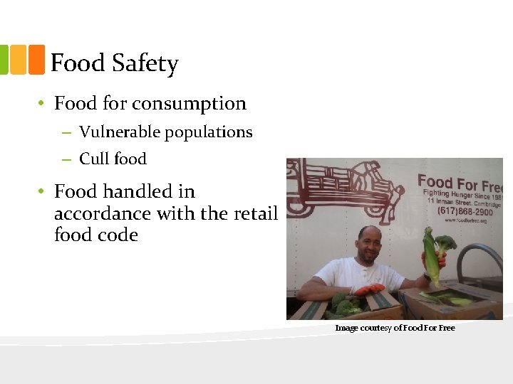 Food Safety • Food for consumption – Vulnerable populations – Cull food • Food