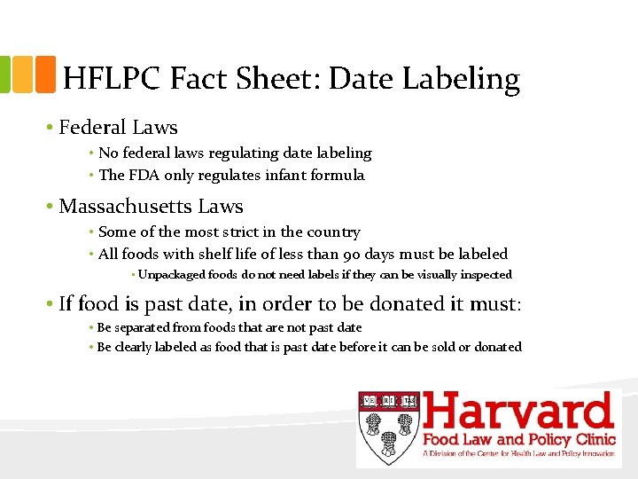 HFLPC Fact Sheet: Date Labeling • Federal Laws • No federal laws regulating date