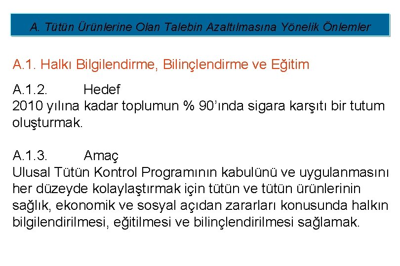 A. Tütün Ürünlerine Olan Talebin Azaltılmasına Yönelik Önlemler A. 1. Halkı Bilgilendirme, Bilinçlendirme ve