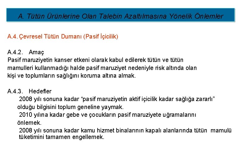 A. Tütün Ürünlerine Olan Talebin Azaltılmasına Yönelik Önlemler A. 4. Çevresel Tütün Dumanı (Pasif