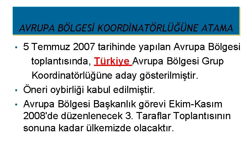 AVRUPA BÖLGESİ KOORDİNATÖRLÜĞÜNE ATAMA 5 Temmuz 2007 tarihinde yapılan Avrupa Bölgesi toplantısında, Türkiye Avrupa