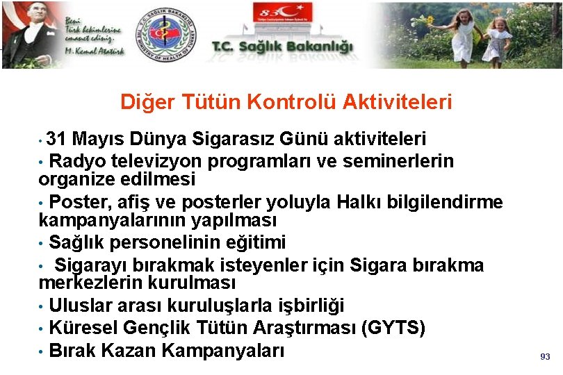 Diğer Tütün Kontrolü Aktiviteleri 31 Mayıs Dünya Sigarasız Günü aktiviteleri • Radyo televizyon programları