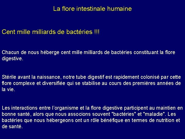 La flore intestinale humaine Cent mille milliards de bactéries !!! Chacun de nous héberge