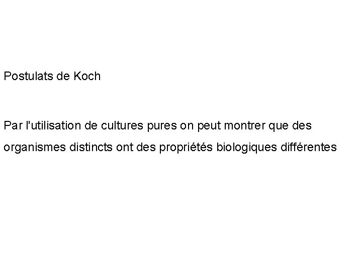 Postulats de Koch Par l'utilisation de cultures pures on peut montrer que des organismes