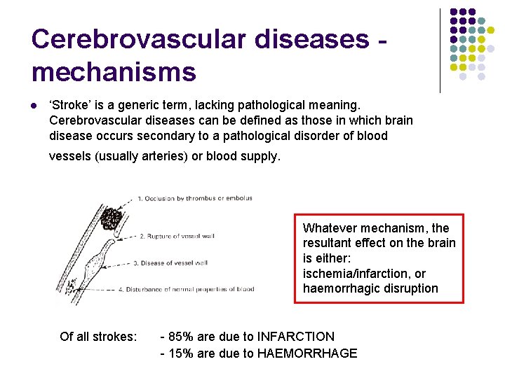 Cerebrovascular diseases mechanisms l ‘Stroke’ is a generic term, lacking pathological meaning. Cerebrovascular diseases
