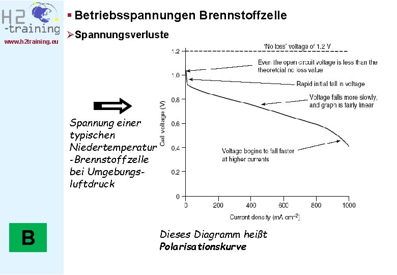 § Betriebsspannungen Brennstoffzelle www. h 2 training. eu ØSpannungsverluste Spannung einer typischen Niedertemperatur -Brennstoffzelle